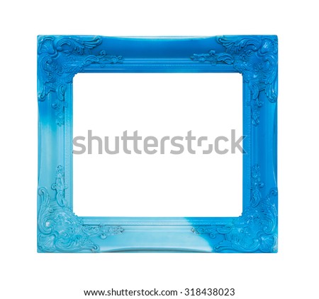 Old antique blue frame isolated decorative carved wood stand, Antique blue frame isolated on white background