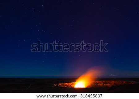 Starry night photos of erupting volcano in Hawaii Volcanoes National Park, Big Island, Hawaii. Night photos, multiple minute exposure. Noise visible at 100%.