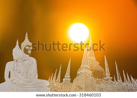 Painting Buddha Temple on Golden background, and the sun.