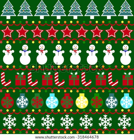 Seamless pattern Merry Christmas. Pattern with snowflakes, snowmen, gifts, Christmas trees, stars. Vector illustration for decoration.