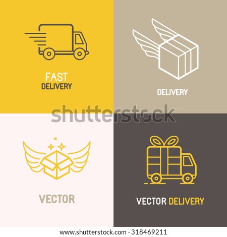 Vector express delivery service logo design elements in trendy linear style - set of flat trucks and boxes emblems 
