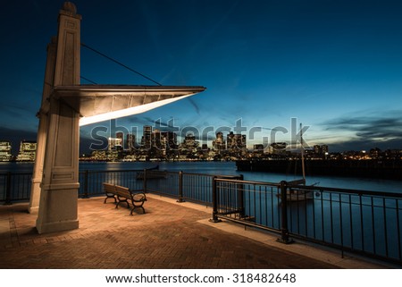 Boston skyline after sunset with waterfront.  Royalty-Free Stock Photo #318482648
