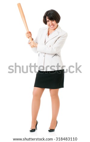 Anger business woman in suit with wooden baseball bat, isolated on white background