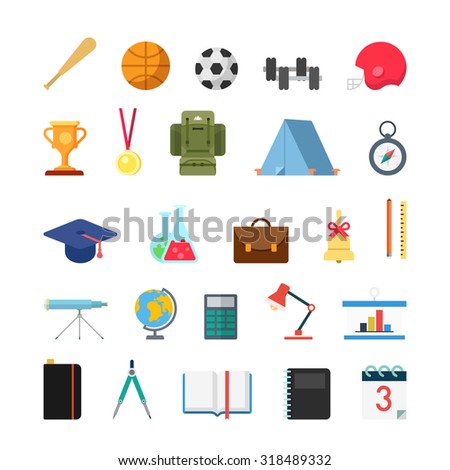 Flat creative style modern school college sports education infographic vector icon set. Bat ball cup trophy medal compass cap chemistry bell geography astronomy math lib. Lifestyle icons collection.