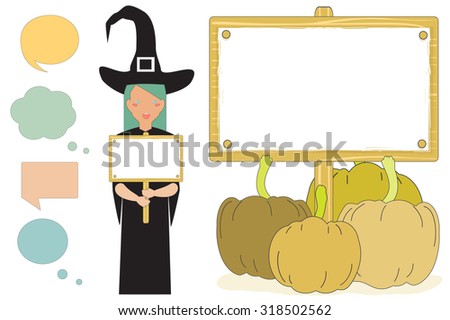 Vector Illustration of Halloween wooden sign and pumpkins. Speech bubbles. Witch holding a blank placard on a white background.