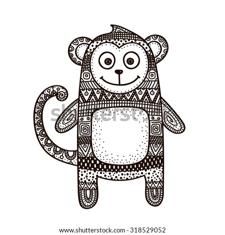 Vector hand drawn doodle monkey. Figure with abstract ornament. Ethnic tribal animal. Cute design for children. Black on white background. Coloring page for coloring book.