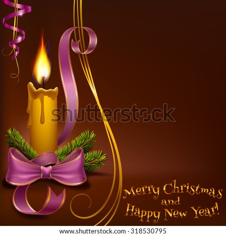 Christmas lighted candle and fir branches with ribbons to vector format