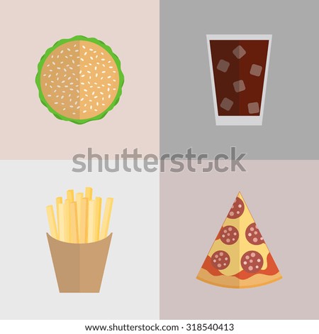 Junk food set. Cola, french fries, burger, slice of pizza. Flat style elements with shadows.