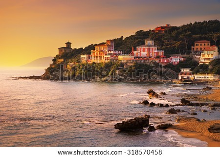 Castiglioncello sunset on cliff rock and sea. Tuscany, Italy, Europe