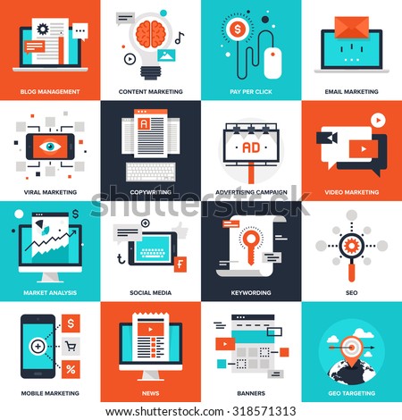 Abstract vector collection of flat digital marketing icons. Elements for mobile and web applications. Royalty-Free Stock Photo #318571313