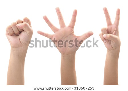 Rock paper scissors. kid hands on white background. Win and loss concept. Rock kid hands.Paper kid hand. Scissors kid hands. Kid hands Bussiness concept. Kid hands Finance concept. Kid hand Education. Royalty-Free Stock Photo #318607253