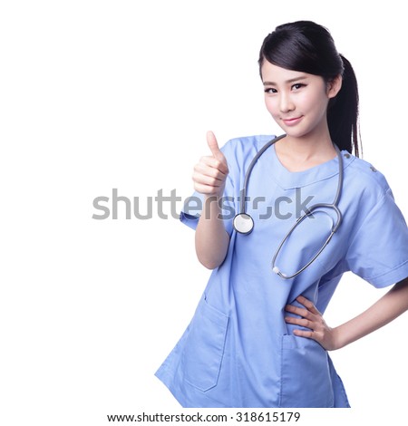 female surgeon doctor woman show thumb up isolated on white background, asian