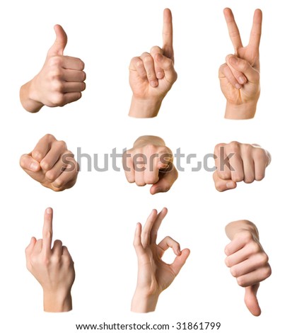 Variety of hands in different poses and signs on white background Royalty-Free Stock Photo #31861799