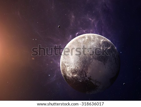 The Pluto with moons shot from space showing all they beauty. Extremely detailed image, including elements furnished by NASA. Other orientations and planets available.