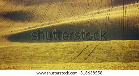 Agricultural landscape with fields on hills, vintage picture