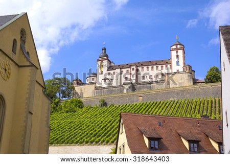 View to Marienberg Fortress, Wuerzburg, Germany. The fortress is situated above vineyards, on the left bank of the Main River in Wuerzburg, in the Franconia region of Bavaria, Germany. 