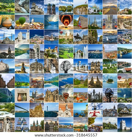 Travel collage. Many photos of places around the world