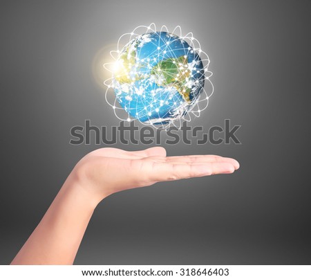 Globe ,earth in human hand, hand holding our planet earth glowing,social buttons,Elements of this image furnished by NASA with path