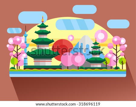 China, Japan. Colorful flat landscape with mountains, trees, pagoda, sakura, river, sky, red sun. National symbols. Asia