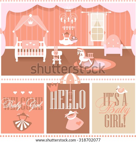 Baby girl room with furniture. Nursery and playroom interior. Greeting cards typography design. Flat style vector illustration.