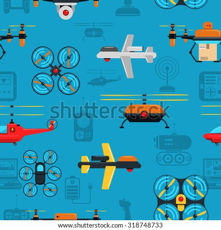 Drones seamless background with flying and caterpillar drones flat vector illustration 