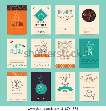 Halloween party invitation and greeting card, flyer, banner, poster templates. Hand drawn traditional symbols, cute design elements, handwritten ink lettering. Orange and turquoise vector collection.