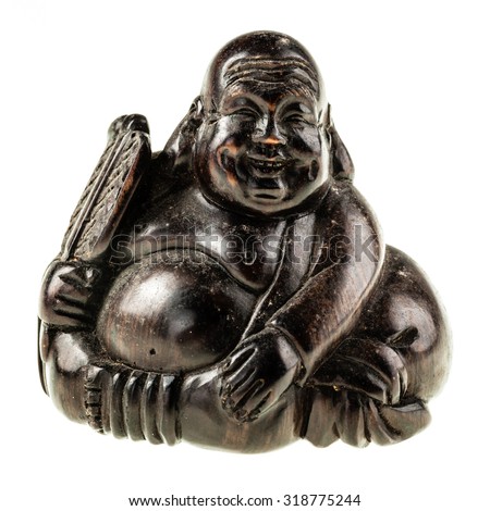 a smiling fat wooden buddha statuette isolated over a white background