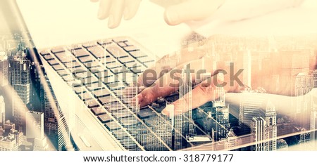 Double exposure modern technology as concept with laptop.