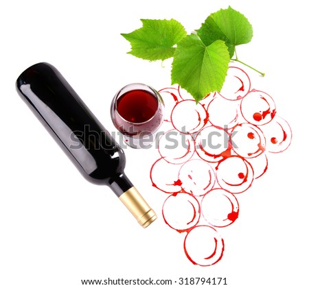 Grapes made with wine cork and goblet and bottle of wine isolated on white