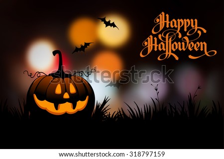 Halloween night blurred background with pumpkin and calligraphy inscription Happy Halloween. Vector illustration.