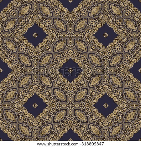 Seamless golden ethnic pattern on dark background