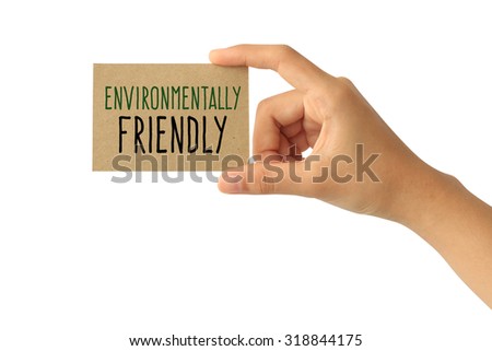 Woman hand holding environmentally friendly card isolated on white background