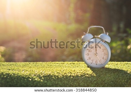 Alarm clock on grass in the morning.