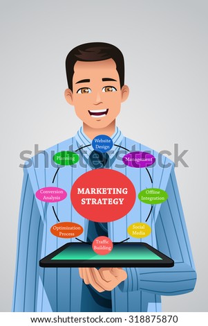 A vector illustration of businessman showing marketing strategy from his tablet