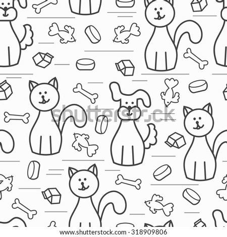 Cartoon Dogs and Cats. Vector Seamless Pattern. Black and white background for kids.