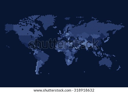 Dotted World map of hexagonal dots on dark background. Vector illustration.