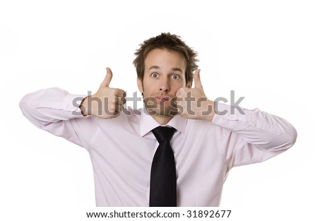 Young business man giving thumbs up with a strange face