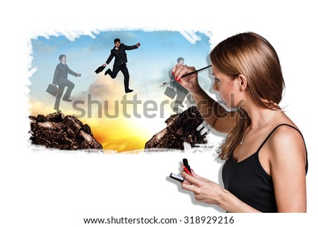 Smiling female artist drowing picture of businessman motion