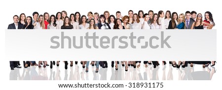Group of business people presenting empty banner over white backgrounds