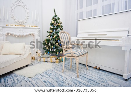 Christmas interior room with sofa, fir tree and piano
