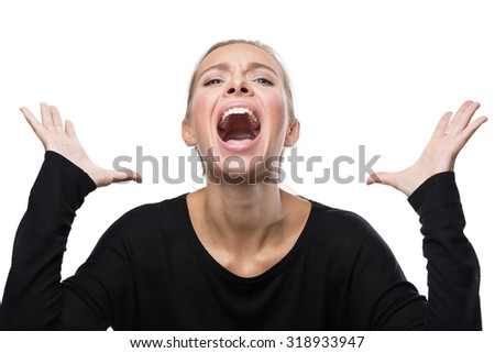 Portrait of stressed blond woman on white background