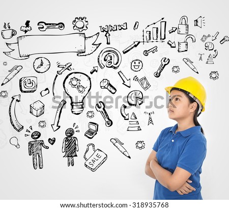 Young engineer lady with hand sketching idea background