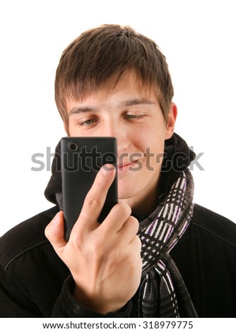 Young Man with Cellphone Isolated on the White Background