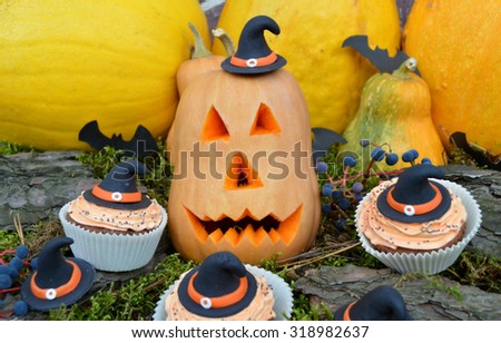 Happy Halloween Cupcakes.Halloween cookies.Composition for Halloween with sweets 