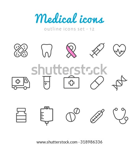 Medical health outline icons. Vector outline black pictograms for web and application. Contour simple icons set