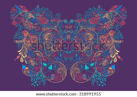Abstract artistic flat floral ornament with waves, roses, cute leaves, vivid flowers as a butterfly silhouette on bright violet background. Vector hand drawn illustration texture yellow red blue teal