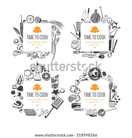 Set of frames (doodle style). fruits and vegetables, baked goods, breakfast, kitchen tools Royalty-Free Stock Photo #318998366