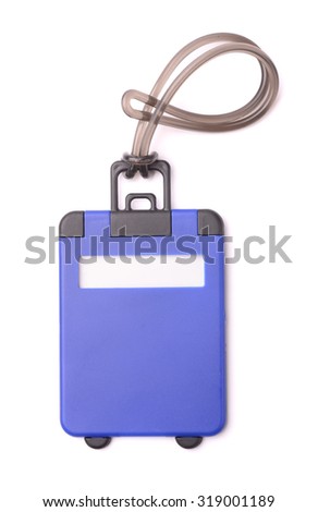 Top view of blue plastic luggage tag isolated on white
