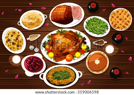A vector illustration of food of thanksgiving dinner on the table viewed from above