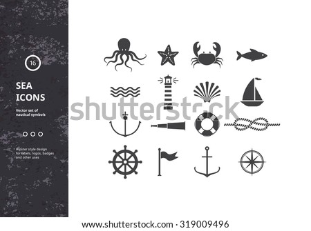 Vector Set of Nautical Icons. Sea Symbols Silhouettes. Hipster Style Design for Labels, Logos, Badges and Packaging. Royalty-Free Stock Photo #319009496